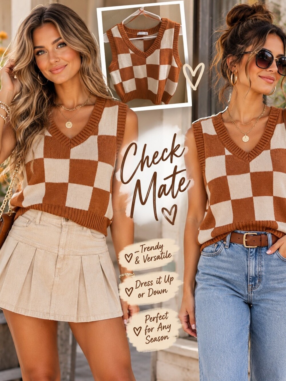 Arizona Jean Company Brown and Cream Checkered V-Neck Sweater Vest